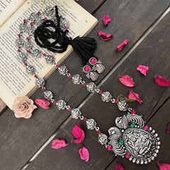 Vriksham Dual Peacock Oxidized Silver Red & Green Accents Lakshmi Neckpiece-S1049
