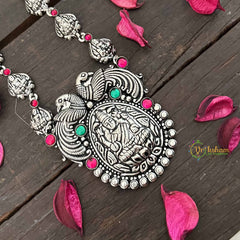 Vriksham Dual Peacock Oxidized Silver Red & Green Accents Lakshmi Neckpiece-S1049