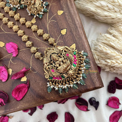 Vriksham Lakshmi With Dual Elephant Long Neckpiece-Red Green-Pastel Green Bead-G18110