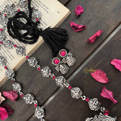 Vriksham Dual Peacock Oxidized Silver Red & Green Accents Lakshmi Neckpiece-S1049