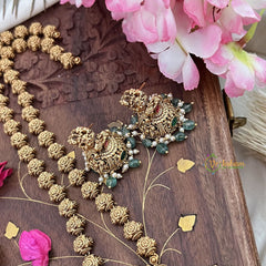 Vriksham Lakshmi With Dual Elephant Long Neckpiece-Red Green-Pastel Green Bead-G18110