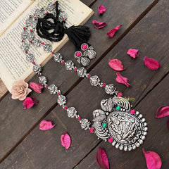 Vriksham Dual Peacock Oxidized Silver Red & Green Accents Lakshmi Neckpiece-S1049