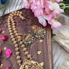 Vriksham Lakshmi With Dual Elephant Long Neckpiece-Red Green-Pastel Green Bead-G18110