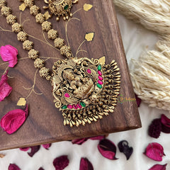 Vriksham Lakshmi With Dual Elephant Long Neckpiece-Red Green-Gold Bead-G18111