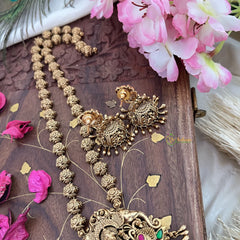 Vriksham Lakshmi With Dual Elephant Long Neckpiece-Red Green-Gold Bead-G18111