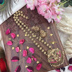 Vriksham Lakshmi With Dual Elephant Long Neckpiece-Red-Gold Bead-G18112