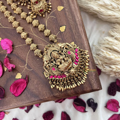 Vriksham Lakshmi With Dual Elephant Long Neckpiece-Red-Gold Bead-G18112