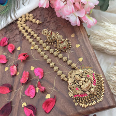 Vriksham Lakshmi With Dual Elephant Long Neckpiece-Red-Gold Bead-G18112