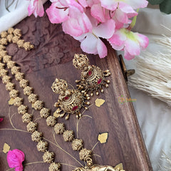 Vriksham Lakshmi With Dual Elephant Long Neckpiece-Red-Gold Bead-G18112