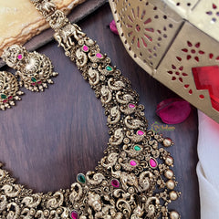 Vriksham Lakshmi Dual Elephant Peacock Long Neckpiece-Gold Bead-G17861