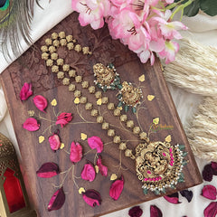 Vriksham Lakshmi With Dual Elephant Long Neckpiece-Red-Pastel Green Bead-G18113