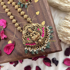 Vriksham Lakshmi With Dual Elephant Long Neckpiece-Red-Pastel Green Bead-G18113