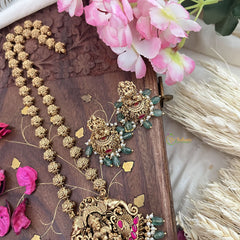 Vriksham Lakshmi With Dual Elephant Long Neckpiece-Red-Pastel Green Bead-G18113