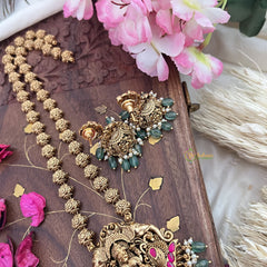 Vriksham Lakshmi With Dual Elephant Long Neckpiece-Red-Pastel Green Bead-G18113