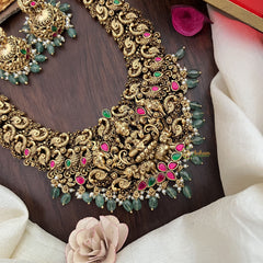 Vriksham Lakshmi Dual Elephant Peacock Long Neckpiece-Pastel Green Bead-G17860