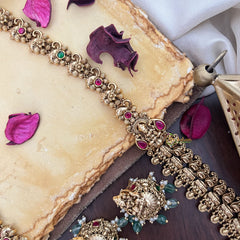 Vriksham Gold Look Alike Lakshmi With Maanga Style Long Neckpiece-Pastel Green Bead-G17858