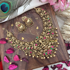 Vriksham Gold Look Alike Lakshmi With Peacock-Red Green-Gold Bead-G18139