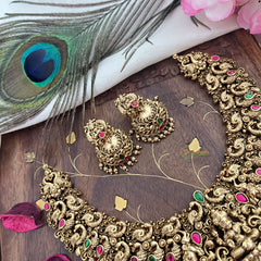 Vriksham Gold Look Alike Lakshmi With Peacock-Red Green-Gold Bead-G18139
