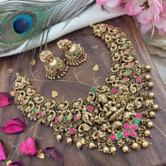 Vriksham Gold Look Alike Lakshmi With Peacock-Red Green-Gold Bead-G18139