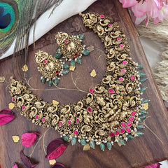Vriksham Gold Look Alike Lakshmi With Peacock-Red-Pastel Green Bead-G18140