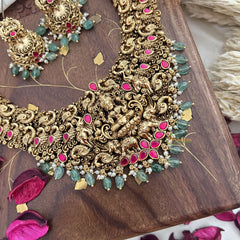 Vriksham Gold Look Alike Lakshmi With Peacock-Red-Pastel Green Bead-G18140