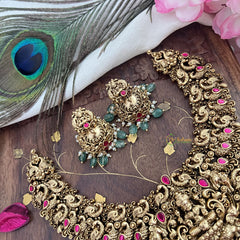 Vriksham Gold Look Alike Lakshmi With Peacock-Red-Pastel Green Bead-G18140