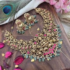 Vriksham Gold Look Alike Lakshmi With Peacock-Red-Pastel Green Bead-G18140