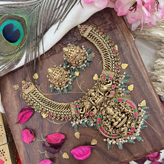 Vriksham Exquisite Jalebi Style Lakshmi Pendant Short Neckpiece-Red Green-Pastel Green Bead-G18141