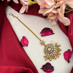 Vriksham Floral Sunburst Chandbali Kundan Jadau Maang Tikka-White-Gold Bead-J4250