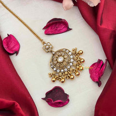 Vriksham Floral Sunburst Chandbali Kundan Jadau Maang Tikka-White-Gold Bead-J4250