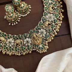 Precious Green Stone Lakshmi Elephant Neckpiece-Golden Beads-Pearls-G12720