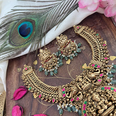 Vriksham Exquisite Jalebi Style Lakshmi Pendant Short Neckpiece-Red Green-Pastel Green Bead-G18141