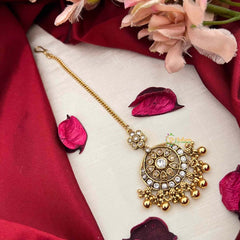 Vriksham Floral Sunburst Chandbali Kundan Jadau Maang Tikka-White-Gold Bead-J4250