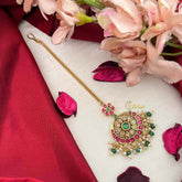 Vriksham Floral Sunburst Chandbali Kundan Jadau Maang Tikka-Green Bead-J4247