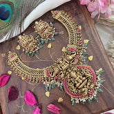 Vriksham Lakshmi Pendant Jalebi Style Short Neckpiece-Red-Pastel Green Bead-G18070