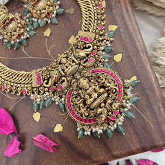 Vriksham Lakshmi Pendant Jalebi Style Short Neckpiece-Red-Pastel Green Bead-G18070