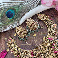 Vriksham Lakshmi Pendant Jalebi Style Short Neckpiece-Red-Pastel Green Bead-G18070