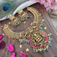 Vriksham Lakshmi Pendant Jalebi Style Short Neckpiece-Red-Pastel Green Bead-G18070