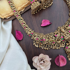 Vriksham Lakshmi Dual Peacock Pendant Long Neckpiece-Red Green-G17867