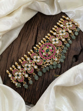 Premium Jadau Kundan High Neck Choker -Pastel Green Bead-J1820