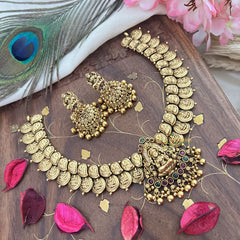 Vriksham Lakshmi Pendant Short Kaasumala-Lakshmi Coin Neckpiece-Gold Bead-G18143