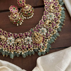 Precious Red Stone Lakshmi Elephant Neckpiece-Pastel Green Beads-Pearls-G12721