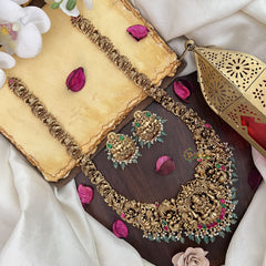 Vriksham Lakshmi Dual Elephant Long Neckpiece-Red Green-Pastel Green Bead-G17868