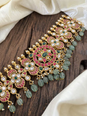 Premium Jadau Kundan High Neck Choker -Pastel Green Bead-J1820
