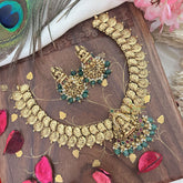 Vriksham Lakshmi Pendant Short Kaasumala-Lakshmi Coin Neckpiece-Pastel Green Bead-G18142