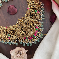 Vriksham Lakshmi Dual Elephant Long Neckpiece-Red Green-Pastel Green Bead-G17868