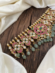 Premium Jadau Kundan High Neck Choker -Pastel Green Bead-J1820