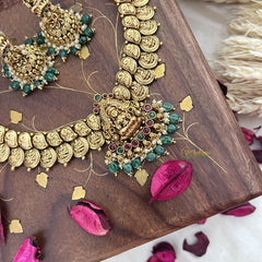 Vriksham Lakshmi Pendant Short Kaasumala-Lakshmi Coin Neckpiece-Pastel Green Bead-G18142