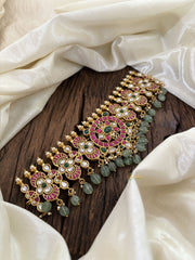 Premium Jadau Kundan High Neck Choker -Pastel Green Bead-J1820