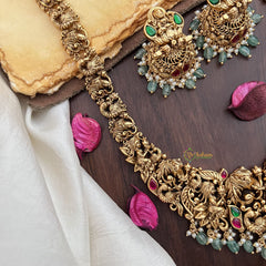 Vriksham Lakshmi Dual Elephant Long Neckpiece-Red Green-Pastel Green Bead-G17868